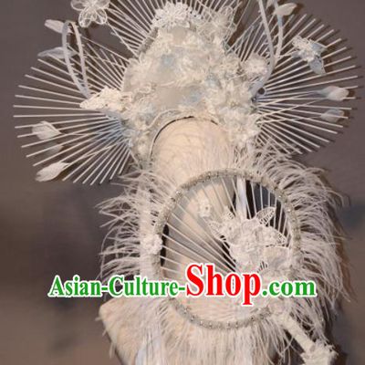 Handmade Halloween Stage Show Hair Accessories Brazilian Carnival Catwalks White Feather Hair Clasp Headdress for Women