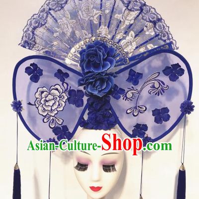 Handmade Chinese Stage Show Blue Lace Hair Clasp Hair Accessories Brazilian Carnival Catwalks Headdress for Women