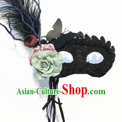 Top Halloween Stage Show Accessories Brazilian Carnival Catwalks Green Rose Feather Face Mask for Women