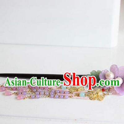 Chinese Handmade Hanfu Purple Flowers Tassel Hairpins Traditional Ancient Princess Hair Accessories for Women