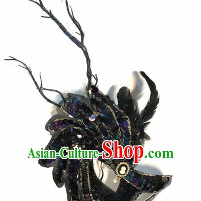 Top Halloween Stage Show Black Paillette Feather Face Mask Brazilian Carnival Catwalks Accessories for Women