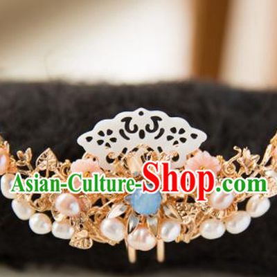 Chinese Handmade Hanfu Shell Pearls Hair Crown Hairpins Traditional Ancient Princess Hair Accessories for Women