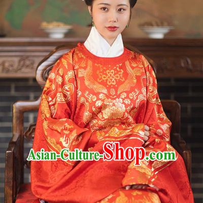 Chinese Ancient Ming Dynasty Wedding Red Hanfu Dress Traditional Imperial Dowager Embroidered Historical Costume for Women
