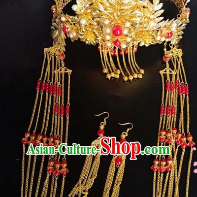 Chinese Handmade Hanfu Wedding Golden Tassel Phoenix Coronet Hairpins Traditional Ancient Princess Hair Accessories for Women