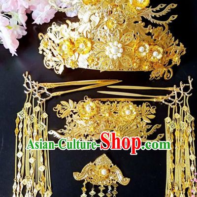 Chinese Handmade Hanfu Palace Golden Hairpins Wedding Phoenix Coronet Traditional Ancient Princess Hair Accessories for Women