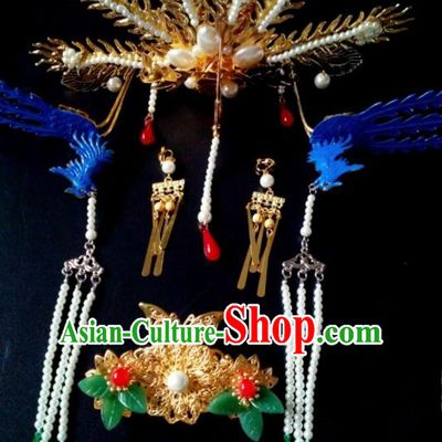 Chinese Handmade Hanfu Palace Golden Phoenix Hair Comb Tassel Hairpins Traditional Ancient Princess Hair Accessories for Women