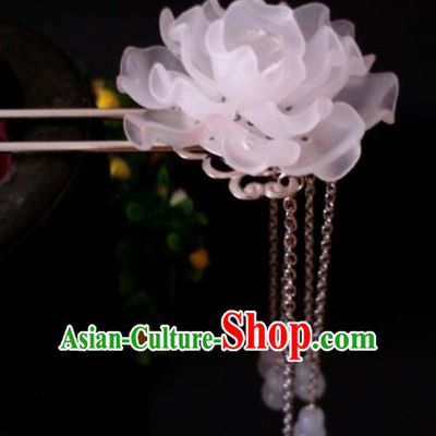 Chinese Handmade Hanfu Palace Hairpins White Peony Tassel Hair Clip Traditional Ancient Princess Hair Accessories for Women