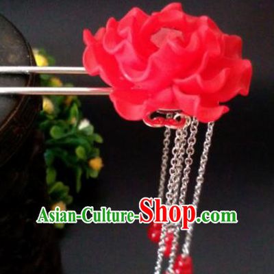 Chinese Handmade Hanfu Palace Hairpins Red Peony Tassel Hair Clip Traditional Ancient Princess Hair Accessories for Women