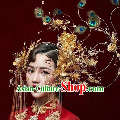 Traditional Chinese Handmade Hanfu Peacock Feather Phoenix Coronet Hairpins Ancient Tang Dynasty Imperial Consort Hair Accessories for Women