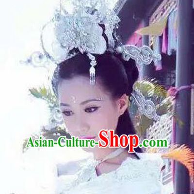 Handmade Chinese White Phoenix Coronet Traditional Hanfu Hairpins Ancient Ming Dynasty Princess Hair Accessories for Women