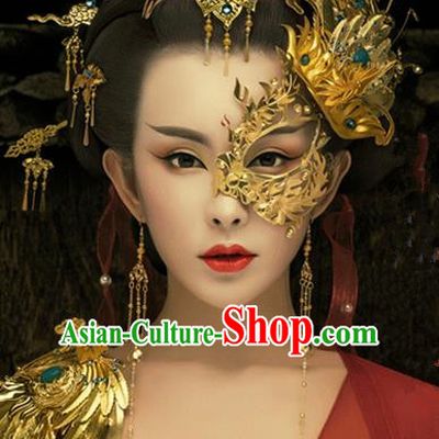 Chinese Handmade Hanfu Tang Dynasty Golden Phoenix Coronet Mask Palace Hairpins Traditional Ancient Imperial Consort Hair Accessories for Women