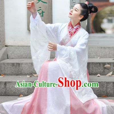 Chinese Ancient Royal Princess Embroidered Pink Hanfu Dress Traditional Jin Dynasty Court Historical Costume for Women