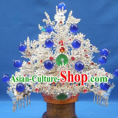 Handmade Chinese Ancient Goddess Queen Blue Beads Hat Phoenix Coronet Hairpins Traditional Hanfu Hair Accessories for Women