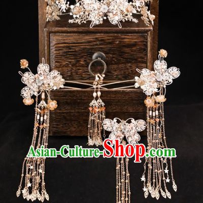 Handmade Chinese Wedding Hair Crown Butterfly Tassel Hairpins Ancient Traditional Hanfu Hair Accessories for Women