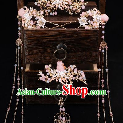 Handmade Chinese Wedding Pink Stone Hair Comb Tassel Hairpins Ancient Traditional Hanfu Hair Accessories for Women
