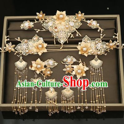 Handmade Chinese Ancient Wedding Golden Flowers Hair Comb Hairpins Traditional Bride Hanfu Hair Accessories for Women