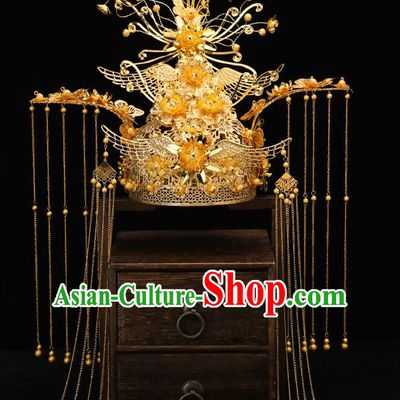 Handmade Chinese Wedding Tassel Phoenix Coronet Hairpins Ancient Traditional Hanfu Hair Accessories for Women