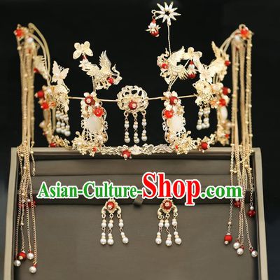 Handmade Chinese Ancient Wedding Tassel Hairpins Cranes Phoenix Coronet Traditional Bride Hanfu Hair Accessories for Women