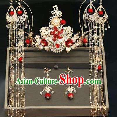 Handmade Chinese Ancient Wedding Tassel Step Shake Hairpins Phoenix Coronet Traditional Bride Hanfu Hair Accessories for Women