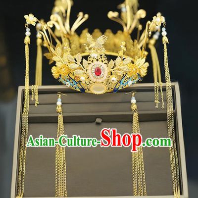 Handmade Chinese Ancient Wedding Tassel Step Shake Hairpins Blueing Phoenix Coronet Traditional Bride Hanfu Hair Accessories for Women