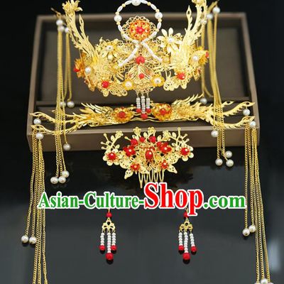 Handmade Chinese Ancient Wedding Hairpins Tassel Step Shake Pearls Phoenix Coronet Traditional Bride Hanfu Hair Accessories for Women