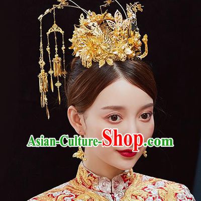 Handmade Chinese Wedding Golden Phoenix Coronet Tassel Hairpins Ancient Traditional Hanfu Hair Accessories for Women