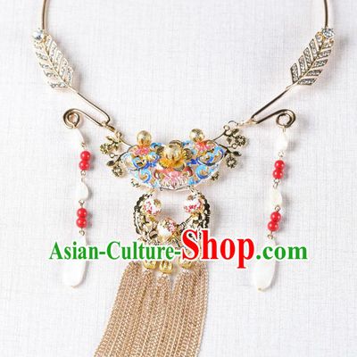 Chinese Handmade Hanfu Blueing Tassel Necklace Traditional Ancient Princess Necklet Jewelry Accessories for Women