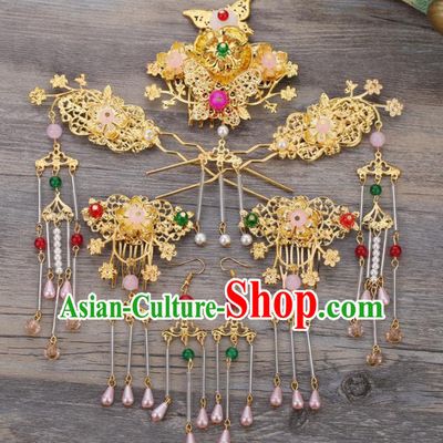 Handmade Chinese Ancient Wedding Bride Golden Hair Combs Tassel Hairpins Traditional Hanfu Hair Accessories for Women