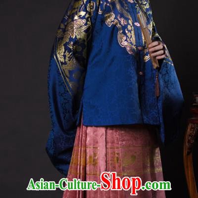 Chinese Ancient Princess Blue Brocade Blouse and Pink Skirt Traditional Ming Dynasty Imperial Consort Historical Costume for Women