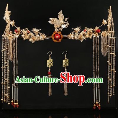 Handmade Chinese Ancient Wedding Bride Crane Hair Clasp Tassel Hairpins Traditional Hanfu Hair Accessories for Women