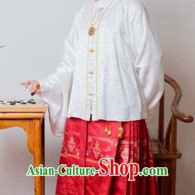 Chinese Ancient Princess White Brocade Blouse and Red Skirt Traditional Ming Dynasty Imperial Consort Historical Costume for Women