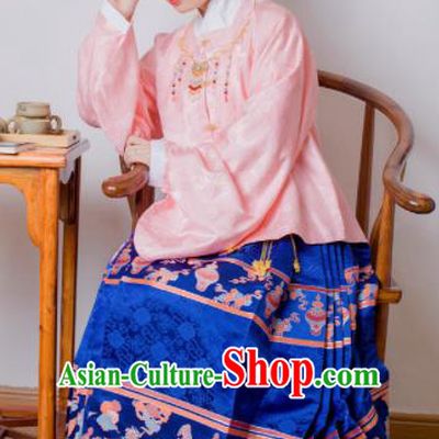 Chinese Ancient Princess Pink Brocade Blouse and Blue Skirt Traditional Ming Dynasty Imperial Consort Historical Costume for Women