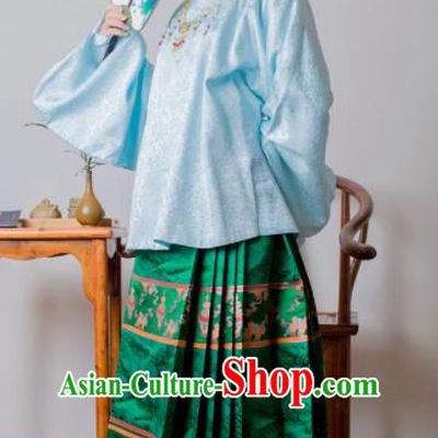 Chinese Ancient Princess Blue Brocade Blouse and Green Skirt Traditional Ming Dynasty Imperial Consort Historical Costume for Women