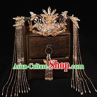 Handmade Chinese Wedding Tassel Phoenix Coronet Hairpins Ancient Traditional Hanfu Hair Accessories for Women