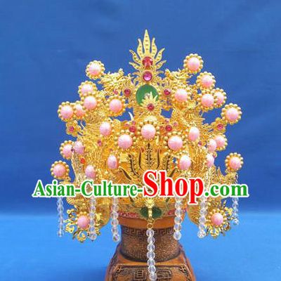 Handmade Chinese Queen Pink Beads Phoenix Coronet Hairpins Ancient Traditional Hanfu Hair Accessories for Women