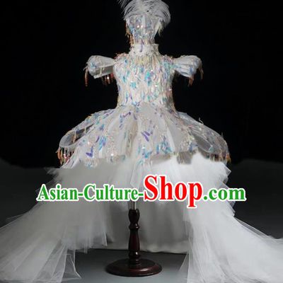 Top Grade Stage Show Costume Catwalks Princess White Veil Trailing Dress for Kids