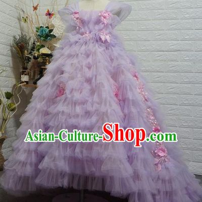 Top Grade Modern Fancywork Court Princess Purple Veil Trailing Dress Catwalks Compere Stage Show Dance Costume for Kids