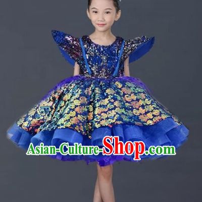 Top Grade Stage Show Costume Catwalks Princess Royalblue Bubble Short Dress for Kids