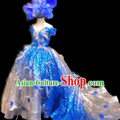 Top Grade Stage Show Costume Catwalks Princess Blue Paillette Trailing Full Dress for Kids