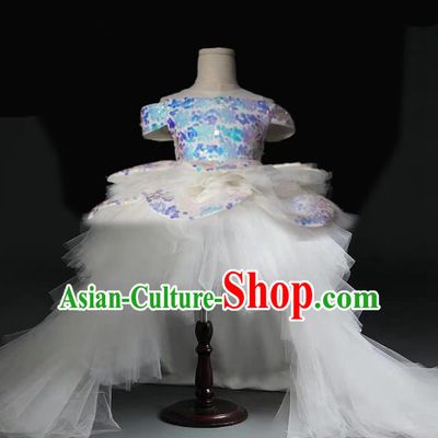 Top Grade Stage Show Costume Catwalks Princess White Veil Trailing Full Dress for Kids
