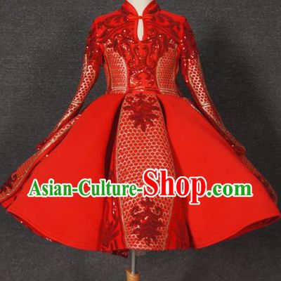 Top Grade Chinese Stage Performance Costume Catwalks Dance Embroidered Red Full Dress for Kids