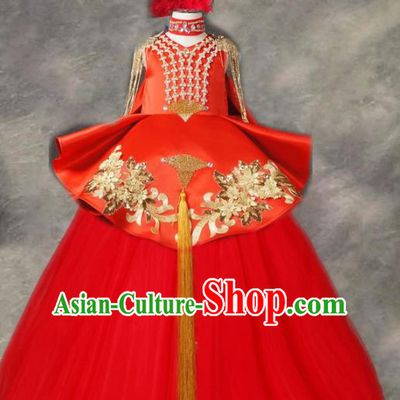 Top Grade Chinese Stage Performance Costume Catwalks Dance Embroidered Red Long Full Dress for Kids