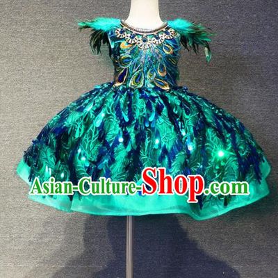 Top Grade Modern Fancywork Court Princess Peacock Feather Green Dress Catwalks Compere Stage Show Dance Costume for Kids