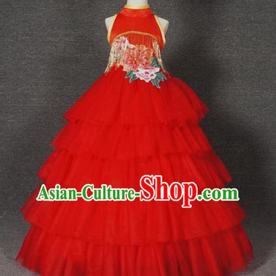 Top Grade Chinese Stage Performance Red Full Dress Catwalks Dance Embroidered Costume for Kids
