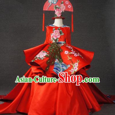 Chinese Stage Performance Embroidered Red Trailing Full Dress Catwalks Modern Fancywork Dance Costume for Kids