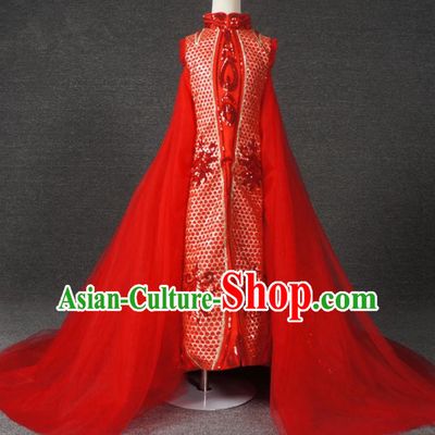 Chinese Stage Performance Embroidered Red Veil Trailing Full Dress Catwalks Modern Fancywork Dance Costume for Kids