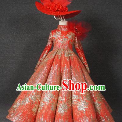 Top Grade Catwalks Court Princess Paillette Red Dress Compere Modern Fancywork Stage Show Dance Costume for Kids
