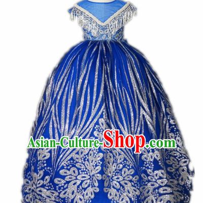 Top Grade Catwalks Court Princess Royalblue Dress Compere Modern Fancywork Stage Show Dance Costume for Kids