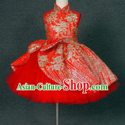 Chinese Stage Performance Embroidered Full Dress Red Qipao Catwalks Modern Fancywork Dance Costume for Kids