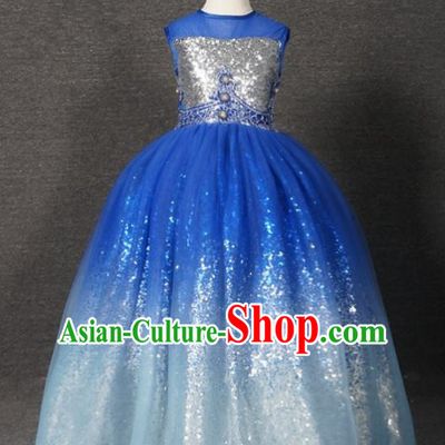 Top Grade Catwalks Court Princess Blue Veil Dress Compere Modern Fancywork Stage Show Dance Costume for Kids
